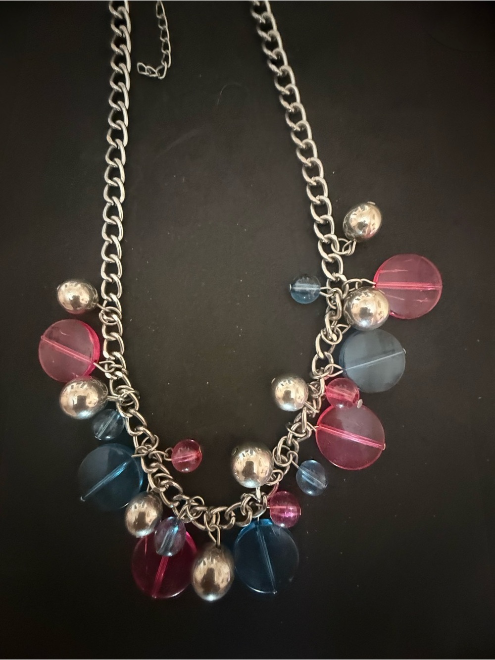 Women's Silver Chain Necklace with Pink and Blue Acrylic Beads